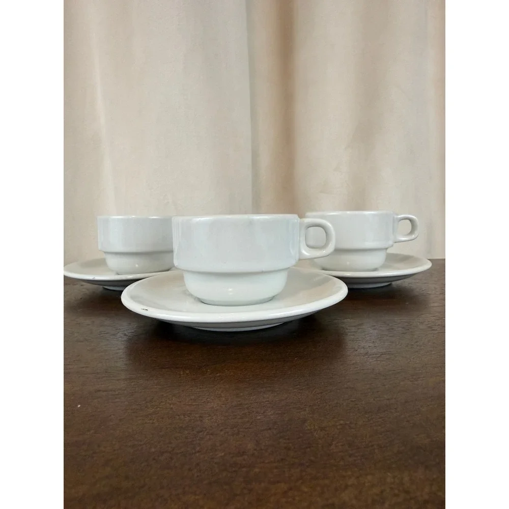 ACF Italy White‎ Stackable Demitasse Espresso Cups and Saucers Set of THREE
